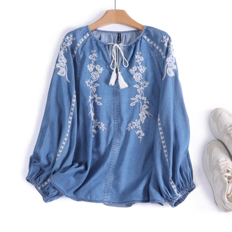 Women Denim Blouse Top Flower  - đánh giá và giá Tassel Fringe Trim