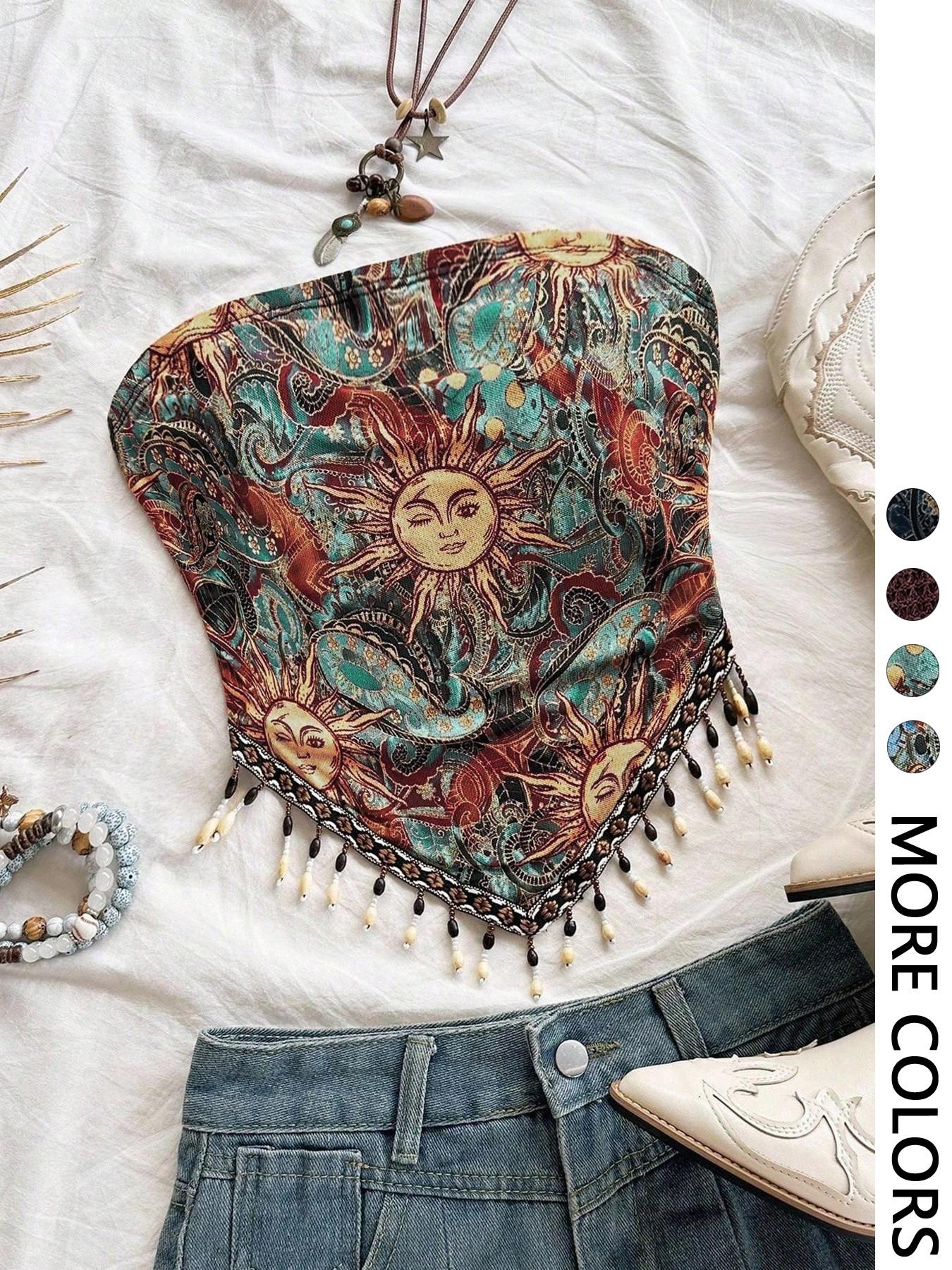 Ladies' 1pc Printed Mesh Knitt - đánh giá và giá Beaded Trim Fringe