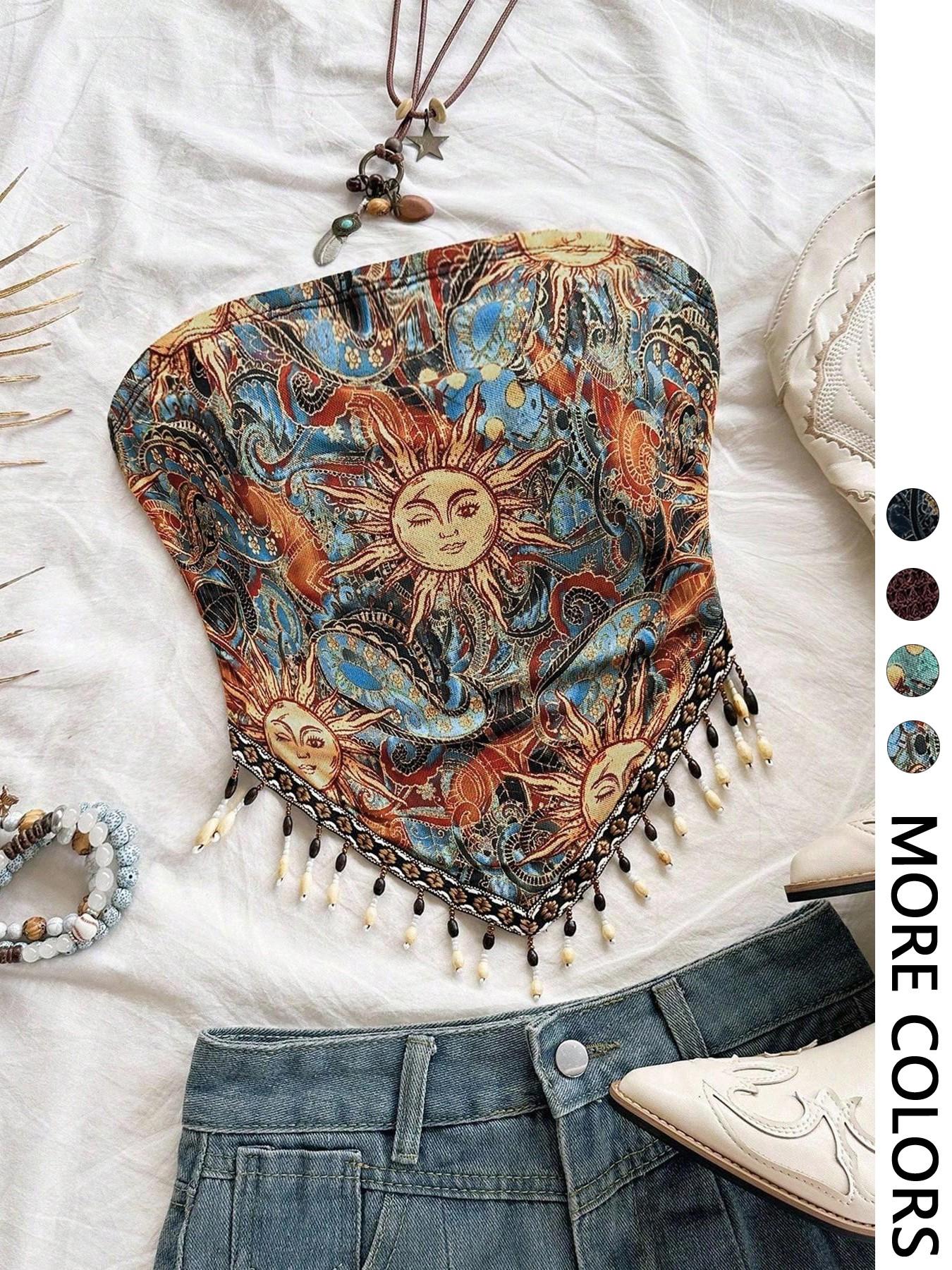Ladies' 1pc Printed Mesh Knitt - đánh giá và giá Beaded Trim Fringe
