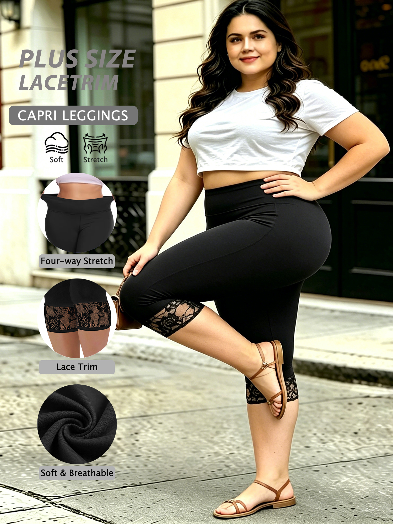 Capri Leggings Cropped Casual  - đánh giá và giá Elastic Lace Trim